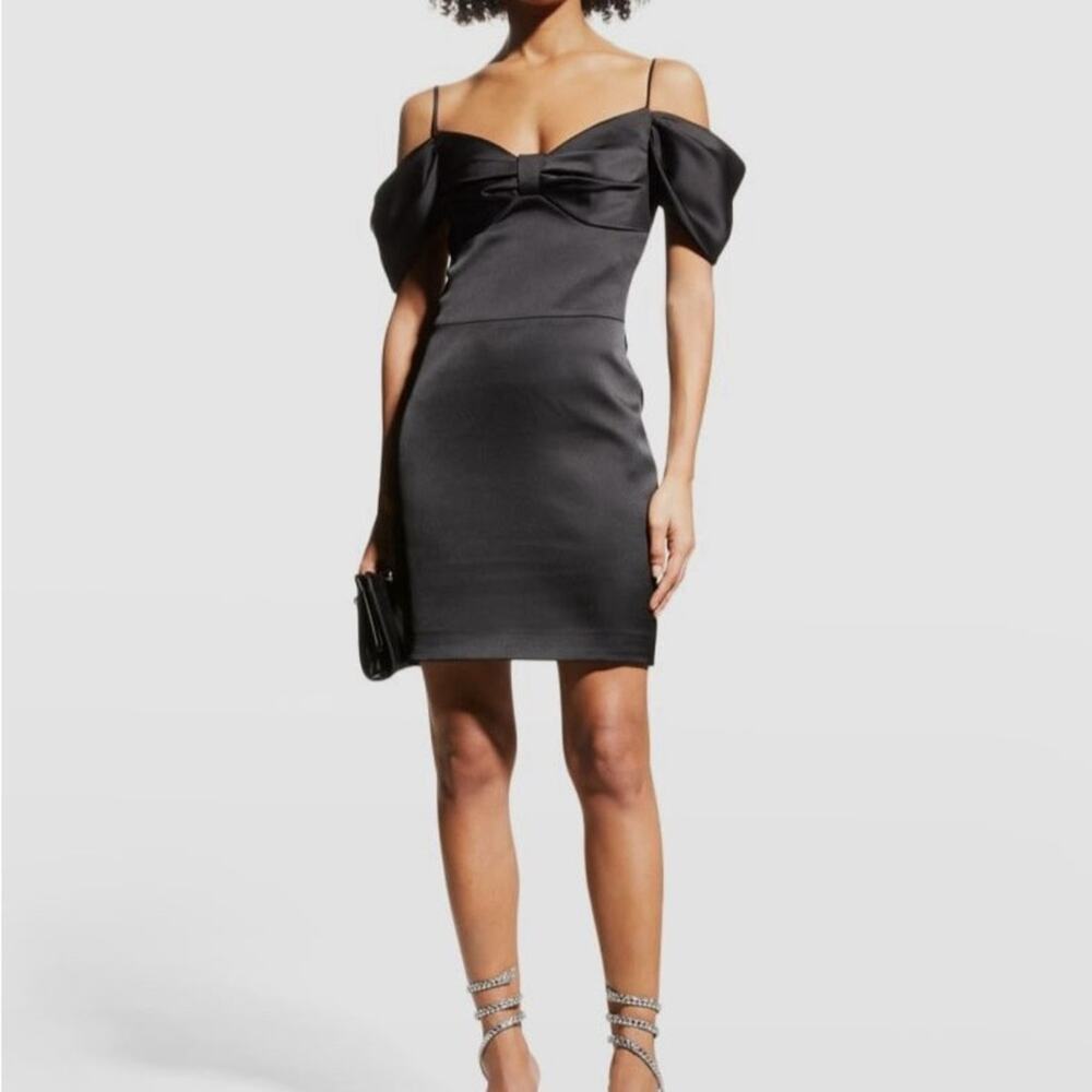 RASARIO Off-the-shoulder gathered Bow satin mini dress in Black